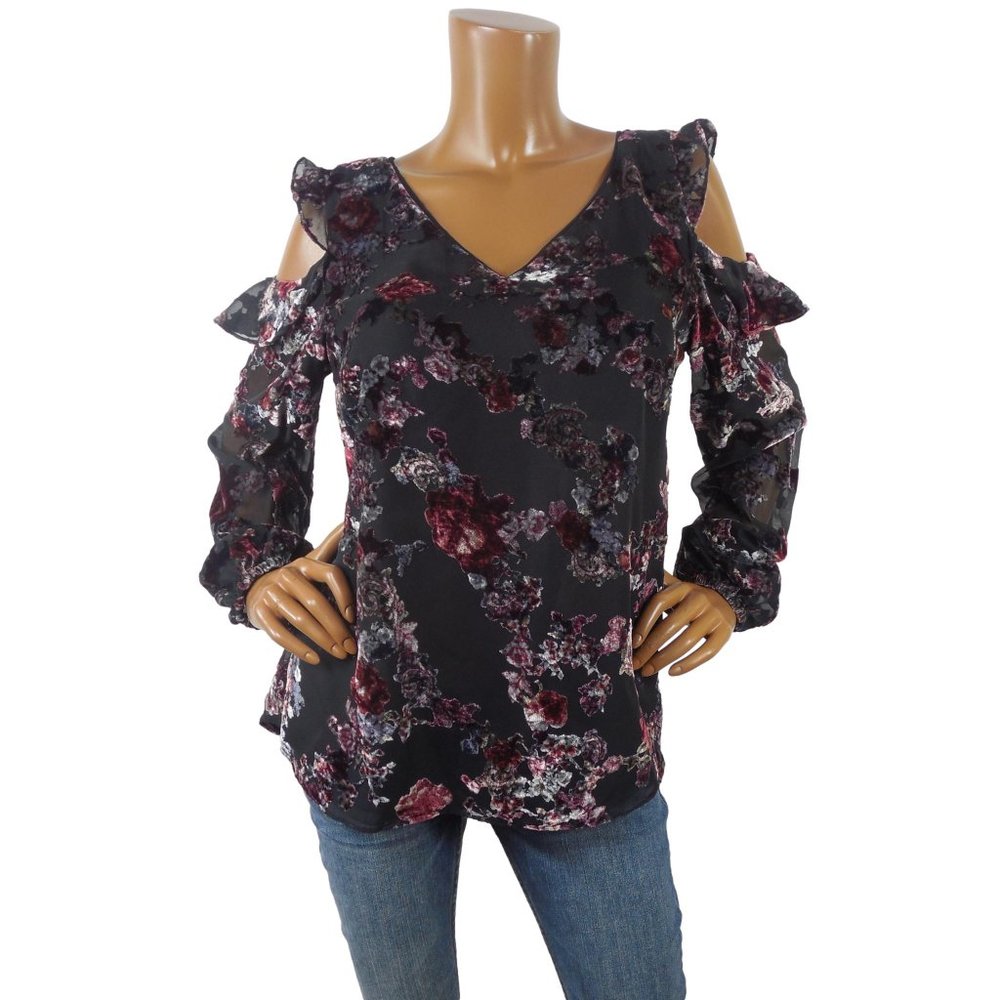WHITE HOUSE BLACK MARKET Top L/12 Floral Print Blouse Ruffle Cold Shoulder Lined